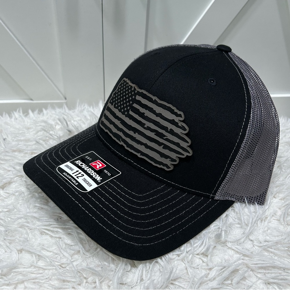 Laser engraved Richardson 112 trucker hat. American flag.